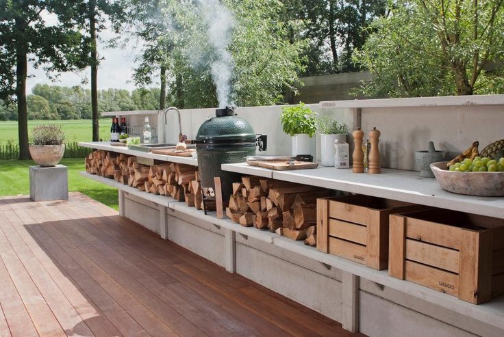 Built in outdoor kitchen with counter space and a grill