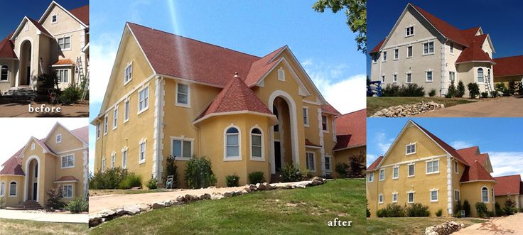 Before and after photos of a house repainted yellow with white trim